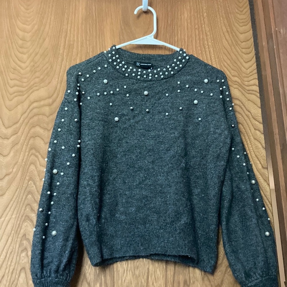 INC International Concepts Gray Sweater with Pearl Accents